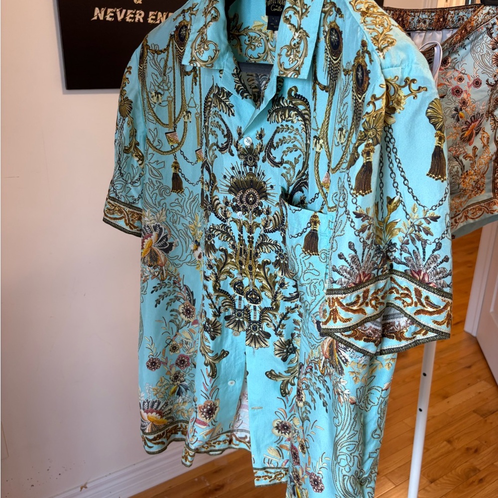 Men's Aqua and Gold Patterned Casual Shirt